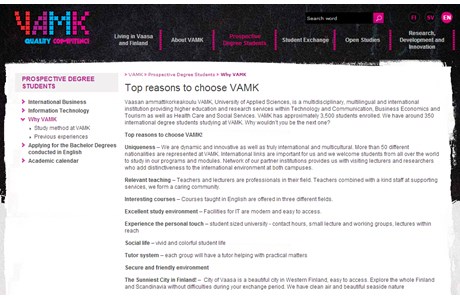 Vaasa University of Applied Sciences Website